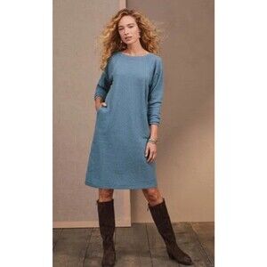 Pure Jill J Jill Cotton Knit Tunic Dress Blue Heather Size L 3/4 Sleeve Pockets
